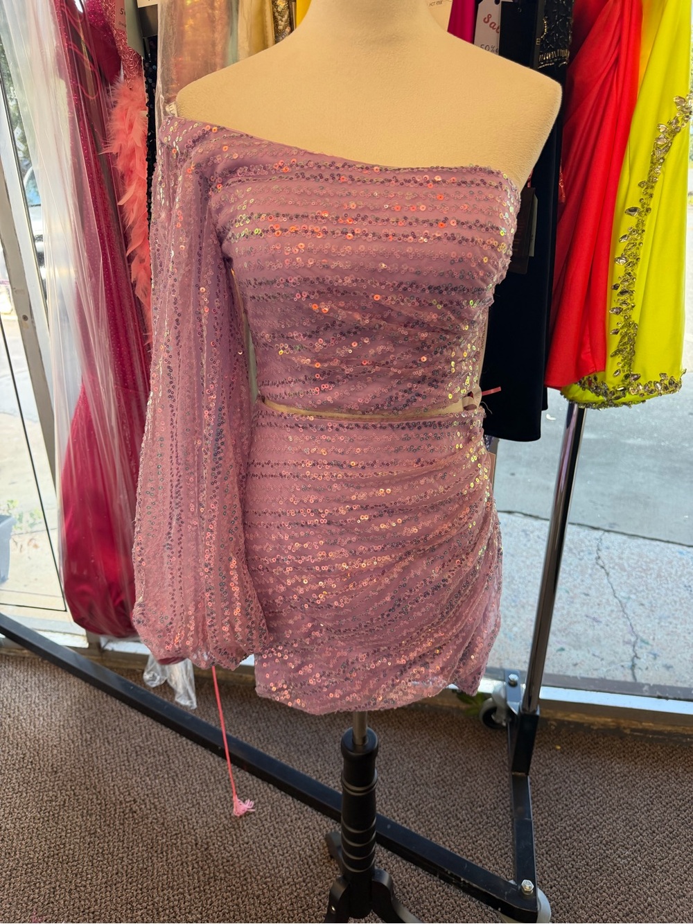 Rachel Allan One-Shoulder Sequin Mini Dress in Lilac Pink